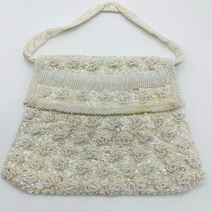 Vintage 1960s Hong Kong Beaded Ivory Sequin Pearl Evening Bag Purse